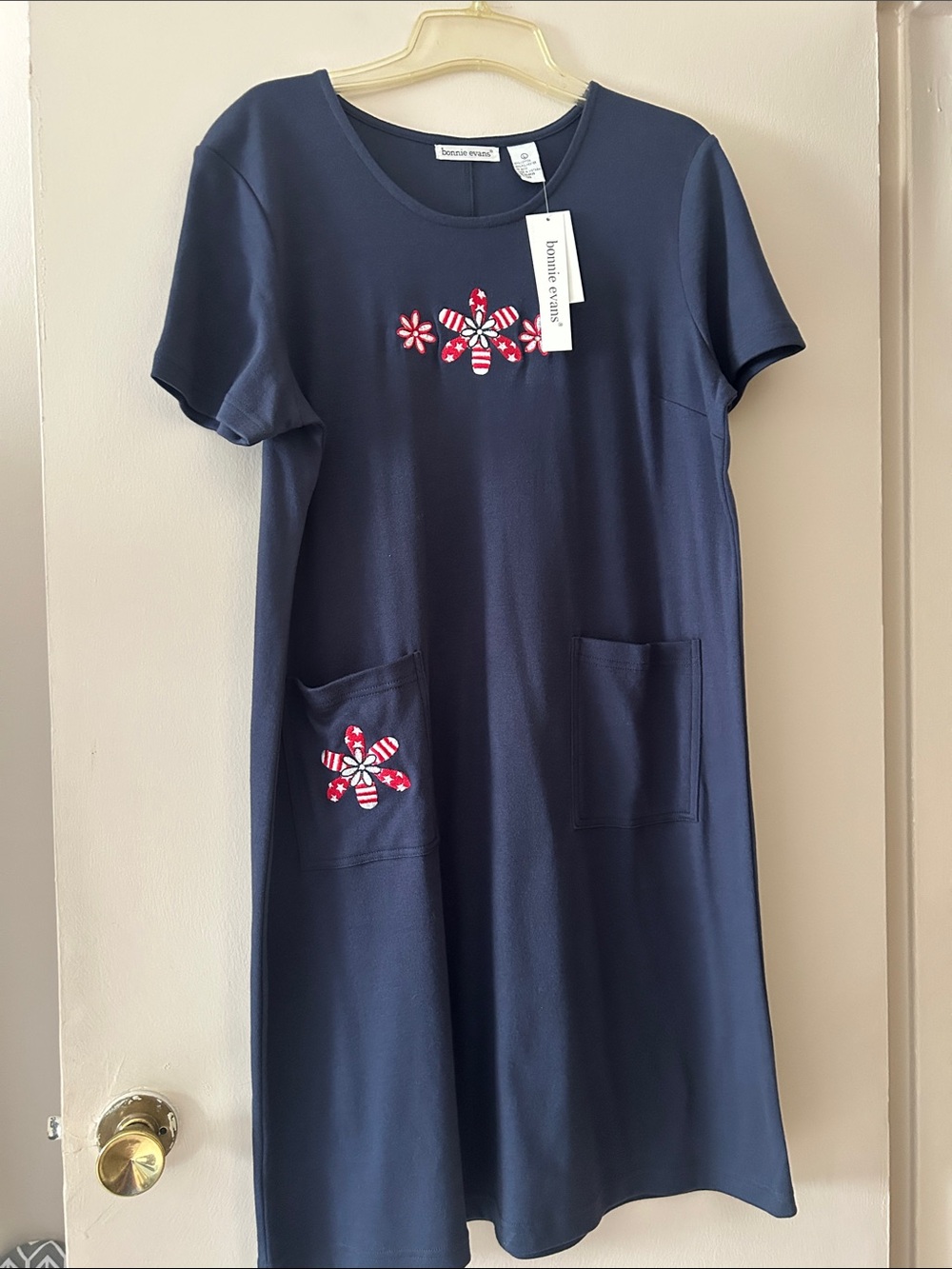 Bonnie Evans Navy T Shirt Dress with Red & White Floral Appliqué